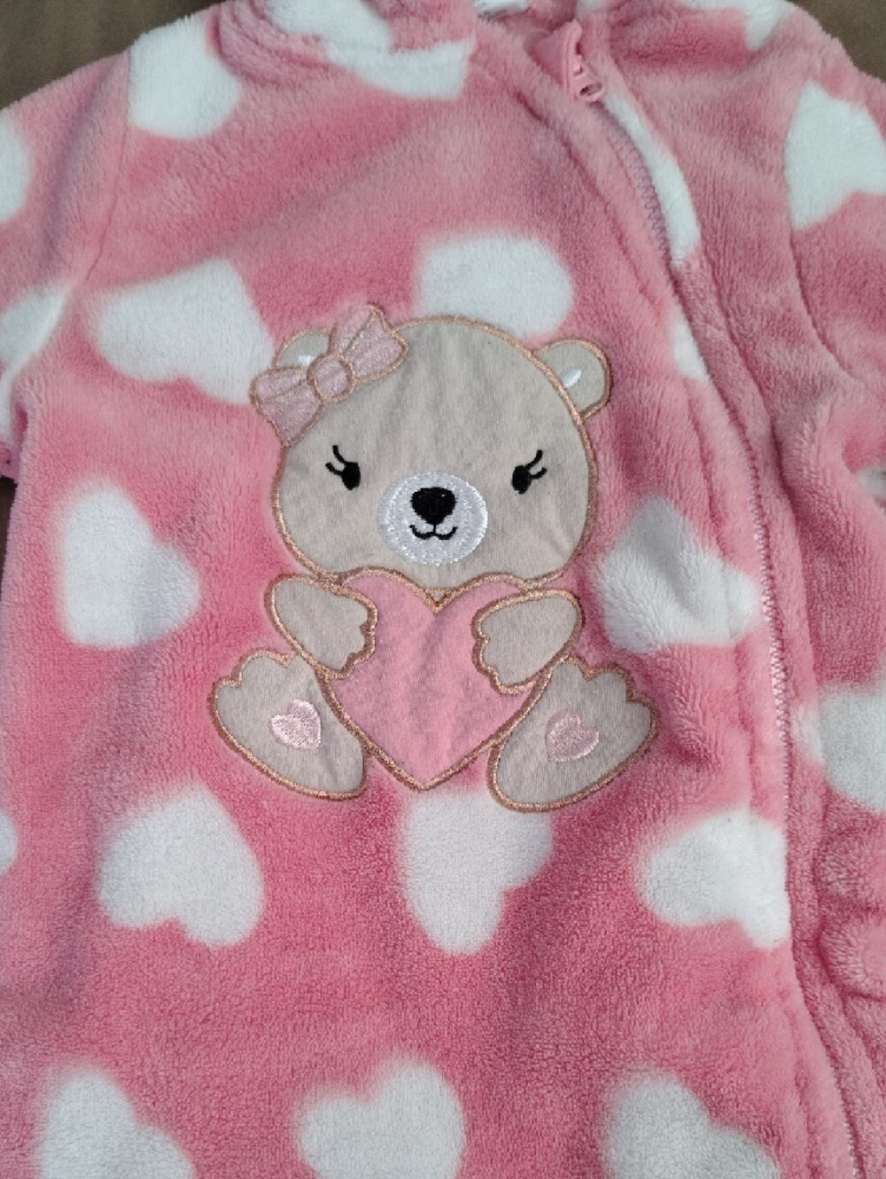 Cozy Pink Heart Plush Hooded Baby One-Piece with Bear Accent - Picture 6 of 7